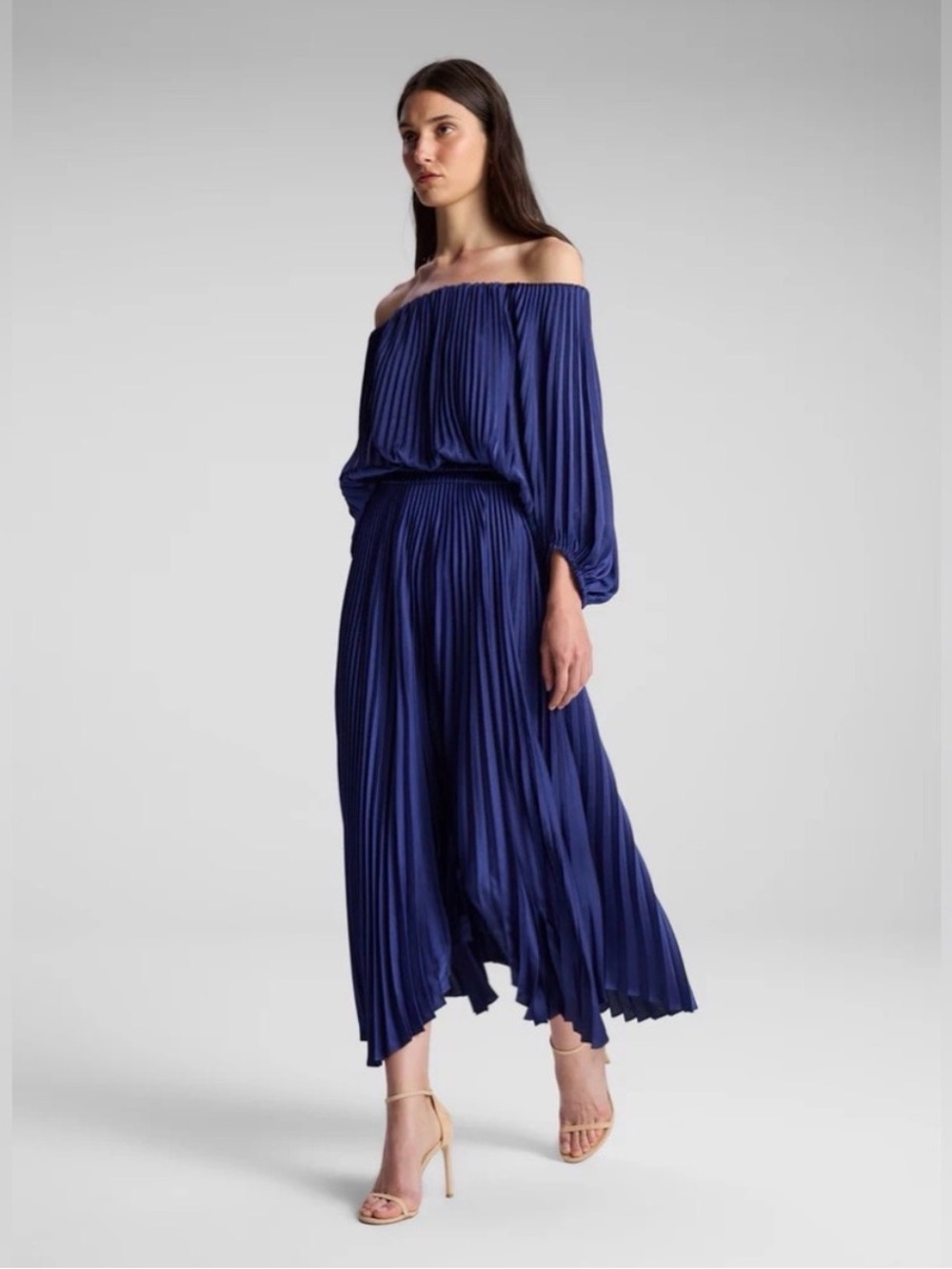 A.L.C. Sienna Satin Pleated Off-Shoulder Dress in Riviera Size M
